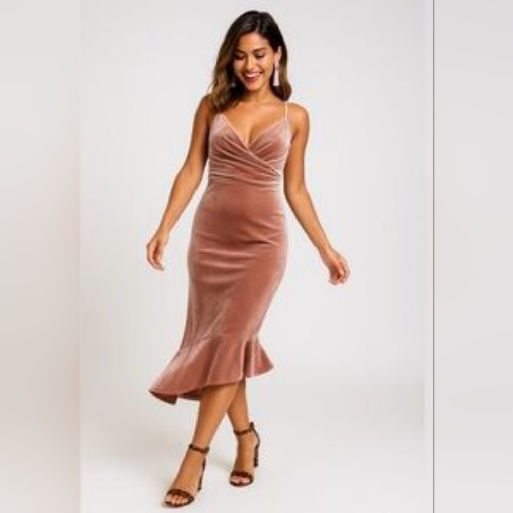 ASOS pink velvet mermaid-style dress spaghetti straps draped neckline